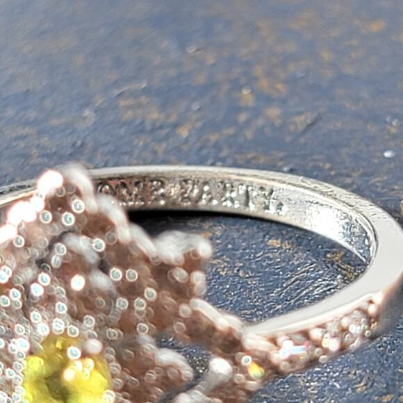 Ornate Rhodium-Plated Size 9 Ring with Yellow Gemstone and Intricate Detailing - Picture 8 of 15